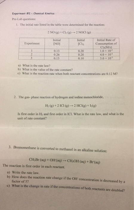 Solved Experiment #2 - Chemical Kinetics Pre-Lab Questions: | Chegg.com