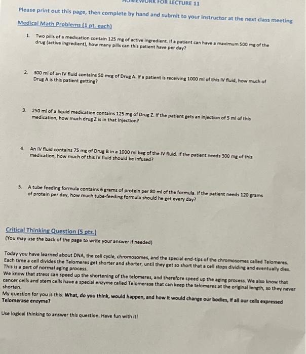 Solved Medical Math Problems (1 pt. each) 1. Two pills of a | Chegg.com