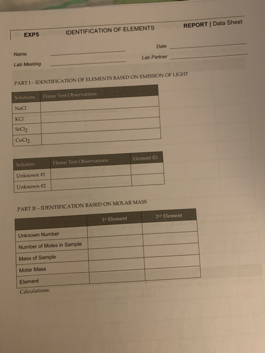 Solved PreLab Questions EXP5 IDENTIFICATION OF ELEMENTS Date | Chegg.com