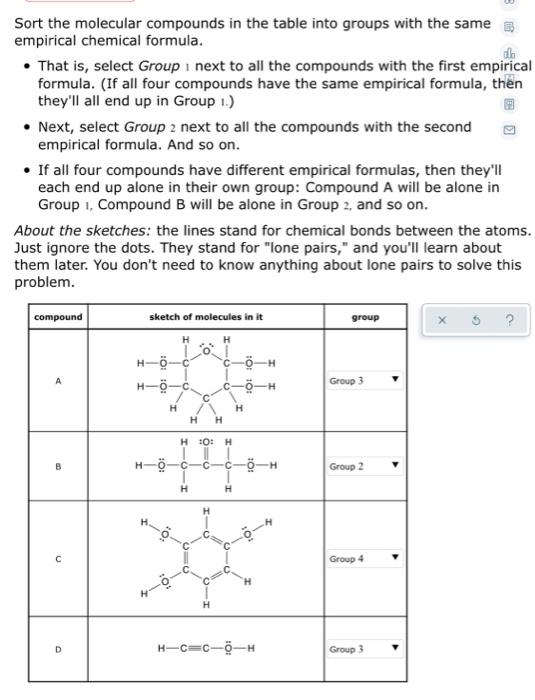 Solved Sort the molecular compounds in the table into groups