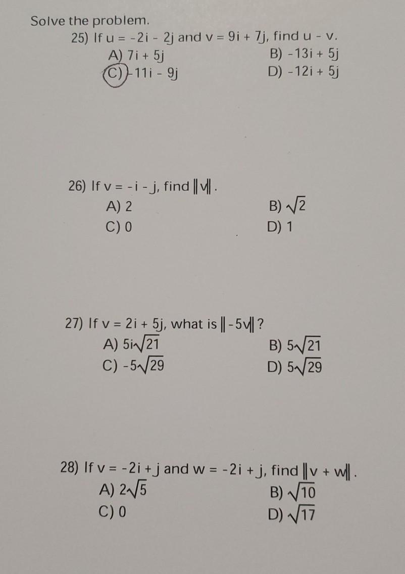 Solve The Problem 25 If U 21 2j And V 91 Chegg Com