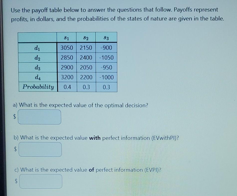 Solved Use the payoff table below to answer the questions | Chegg.com