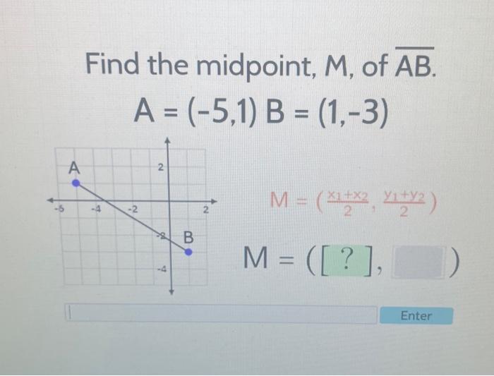 Solved Find The Midpoint, M, Of AB. A=(−5,1)B=(1,−3) | Chegg.com