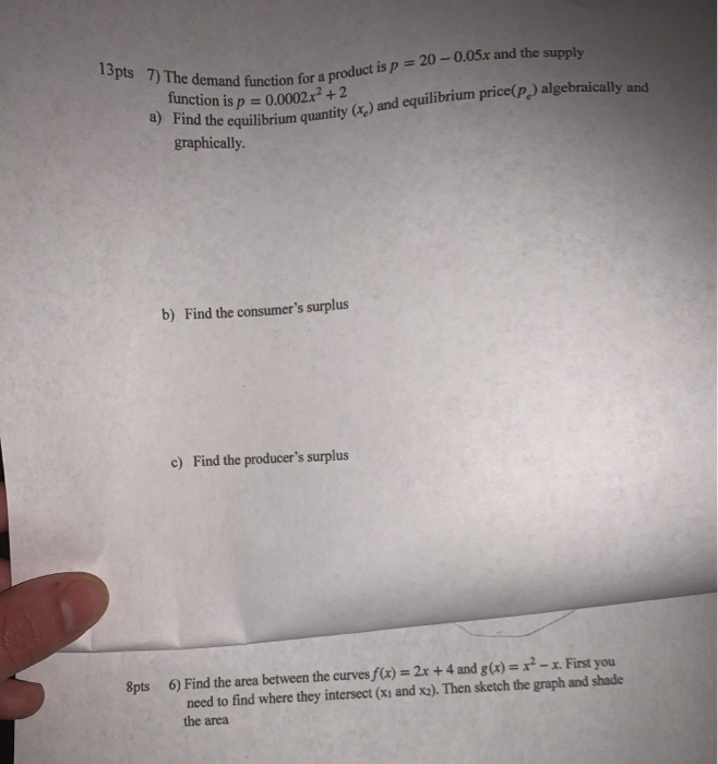 Solved 13pts 7) The demand function for a product is p = 20 | Chegg.com