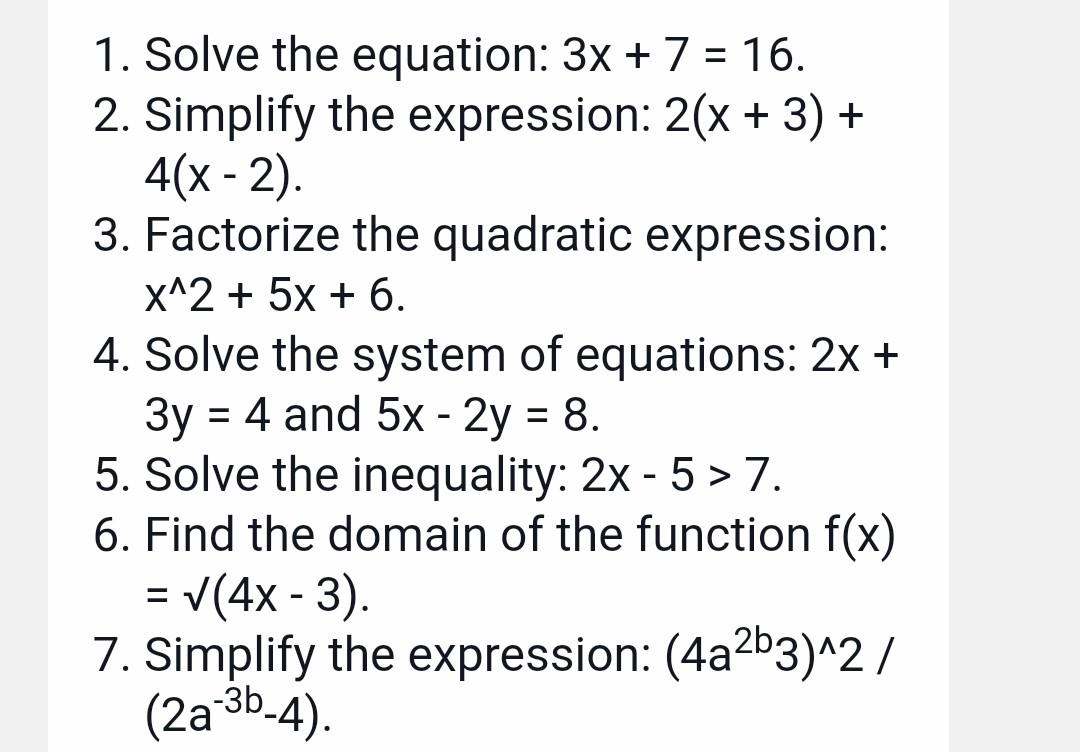 Solved 1. Solve the equation: \\( 3 x+7=16 \\) 2. Simplify | Chegg.com