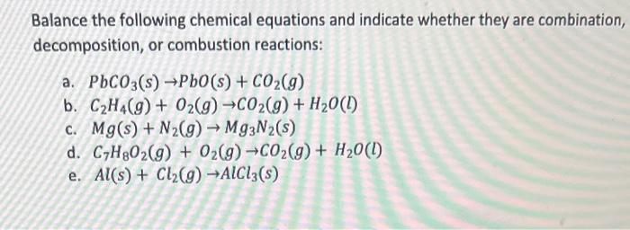 Solved Balance the following chemical equations and indicate