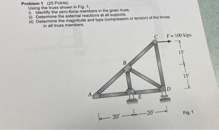 Solved Problem 1 (25 Points) Using the truss shown in Fig. 1 | Chegg.com