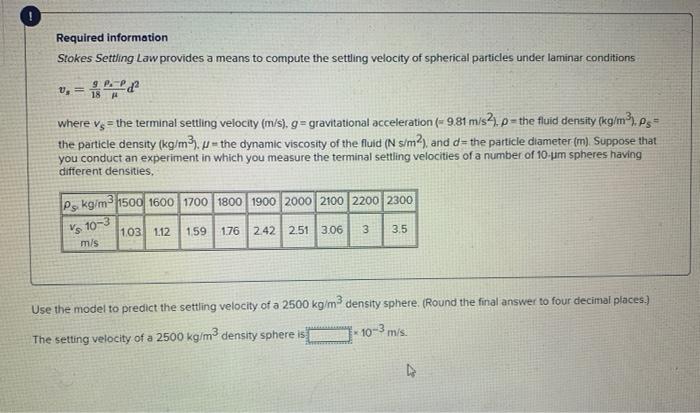 Required information
Stokes Settling Law provides a means to compute the settling velocity of spherical particles under lamin