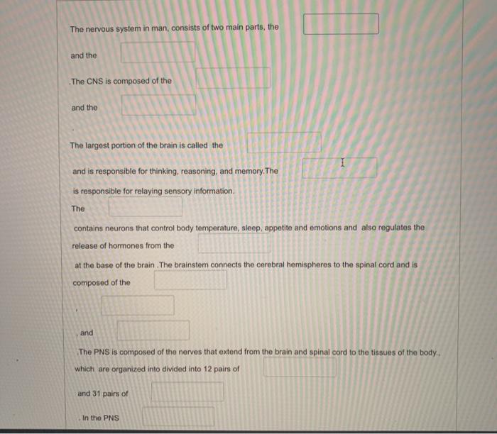 The nervous system in man, consists of two main parts, the and the The CNS is composed of the and the The largest portion of