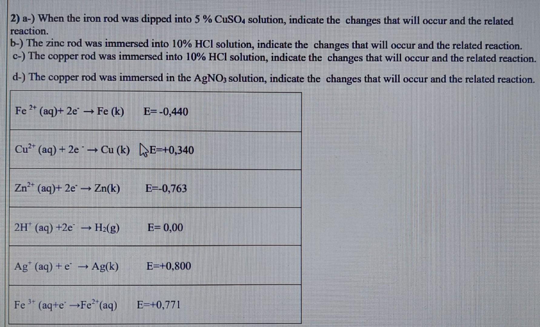 Solved 2) a) When the iron rod was dipped into 5CuSO4