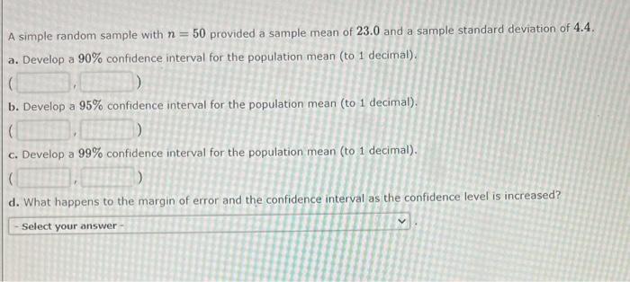 Solved A simple random sample with n=50 provided a sample | Chegg.com