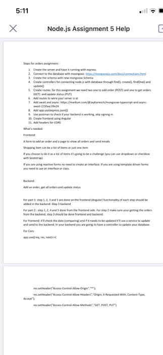 5:11 Х Node.js Assignment 5 Help G Steps for orders 1 | Chegg.com