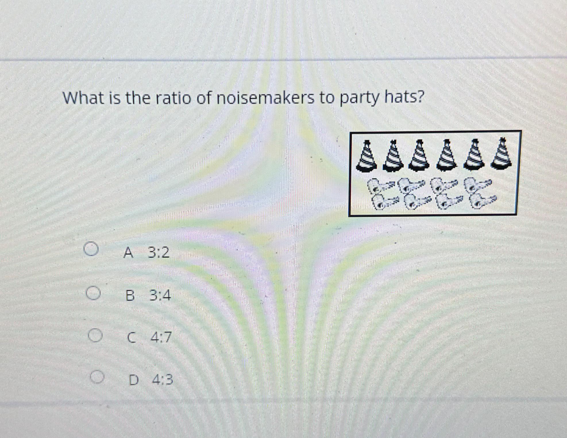 Solved What is the ratio of noisemakers to party hats?A 32B