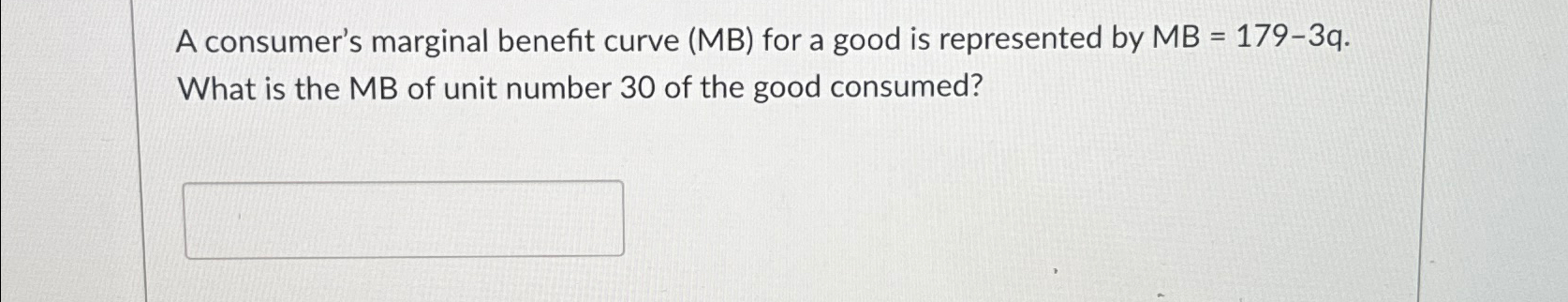 Solved A consumer's marginal benefit curve (MB) ﻿for a good | Chegg.com