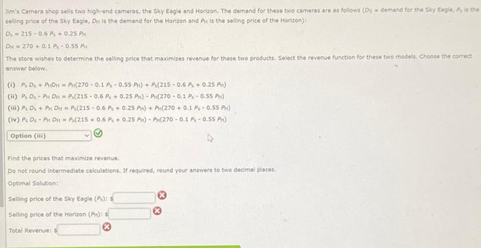 Solved Aim's Camera shop sells two high-end cameras, the Sky | Chegg.com