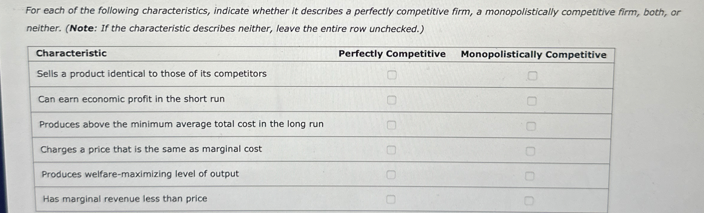 Solved For each of the following characteristics, indicate | Chegg.com