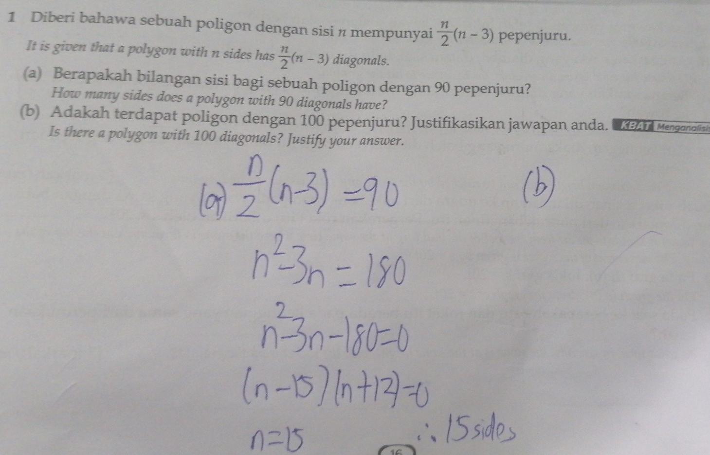 Solved N 1 Diberi Bahawa Sebuah Poligon Dengan Sisi N Chegg Com