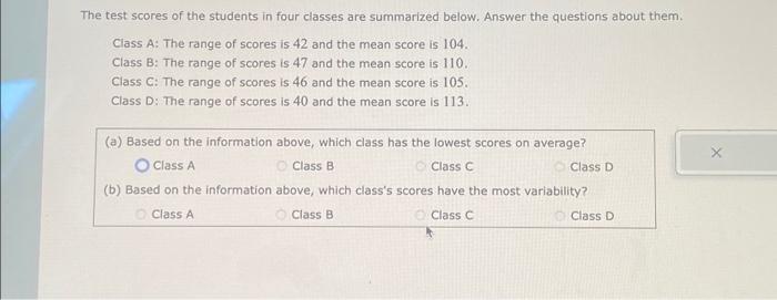 Solved The test scores of the students in four classes are | Chegg.com