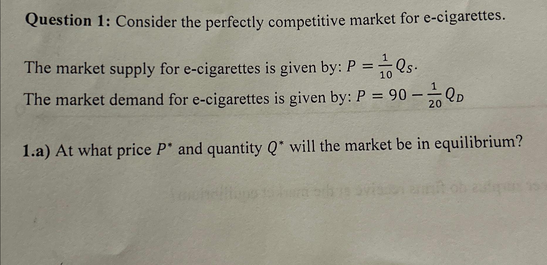 Solved Question 1: Consider The Perfectly Competitive Market | Chegg.com