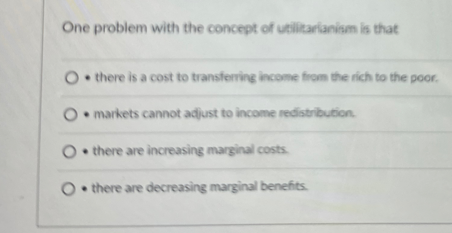 Solved One problem with the concept of utilitarianism is | Chegg.com