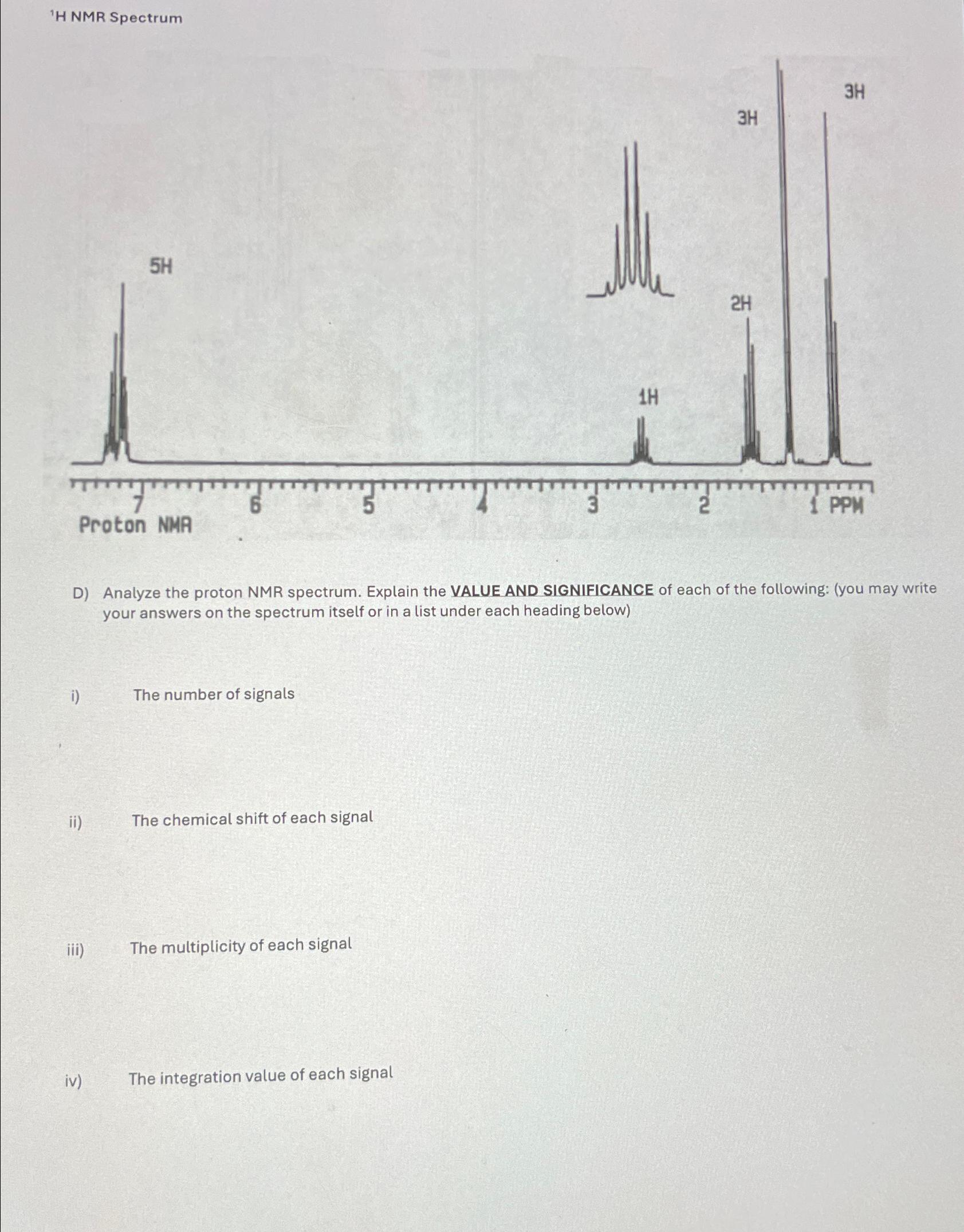 Solved ?1H ﻿NMR SpectrumD) ﻿Analyze the proton NMR spectrum.