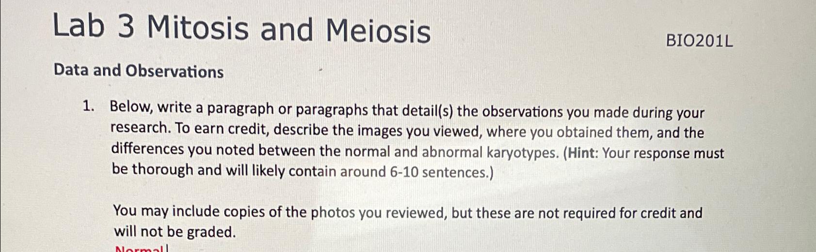 Solved Lab 3 ﻿Mitosis and MeiosisBIO201LData and