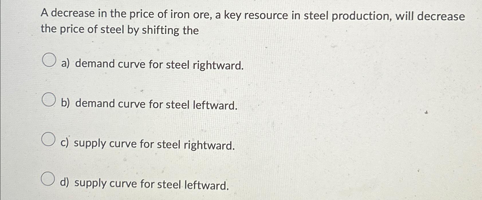 Solved A decrease in the price of iron ore, a key resource | Chegg.com