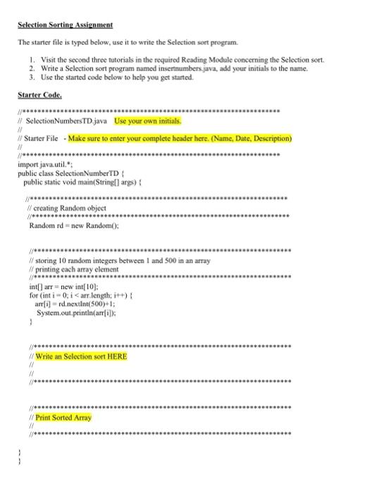 Solved Selection Sorting Assignment The starter file is | Chegg.com