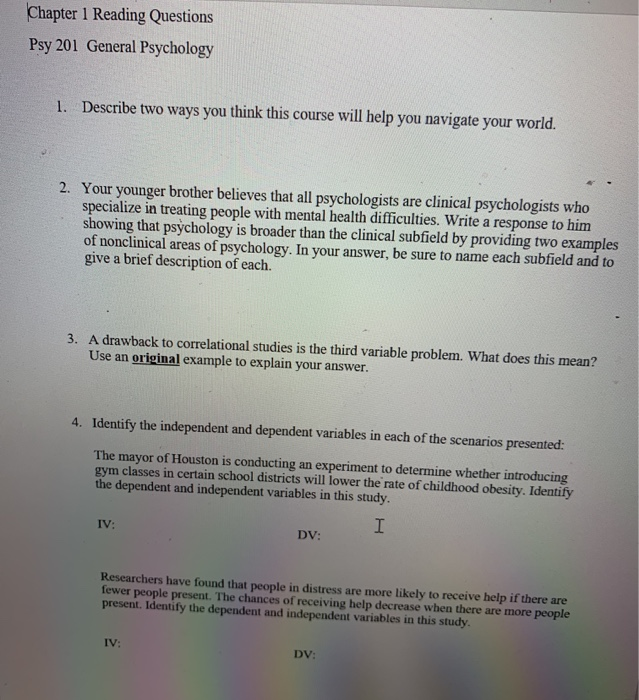 Solved Chapter 1 Reading Questions Psy 201 General | Chegg.com
