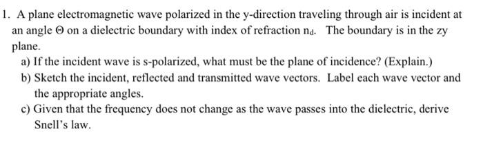 Solved 1. A plane electromagnetic wave polarized in the | Chegg.com
