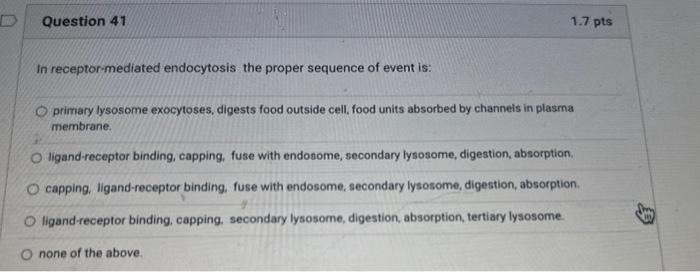 In receptor-mediated endocytosis the proper sequence of event is:
primary lysosome exocytoses, digests food outside cell, foo