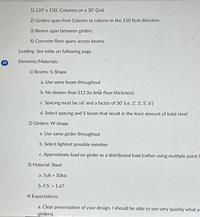Solved 1) 120′×150′, Columns on a 30′ Grid 2) Girders span | Chegg.com