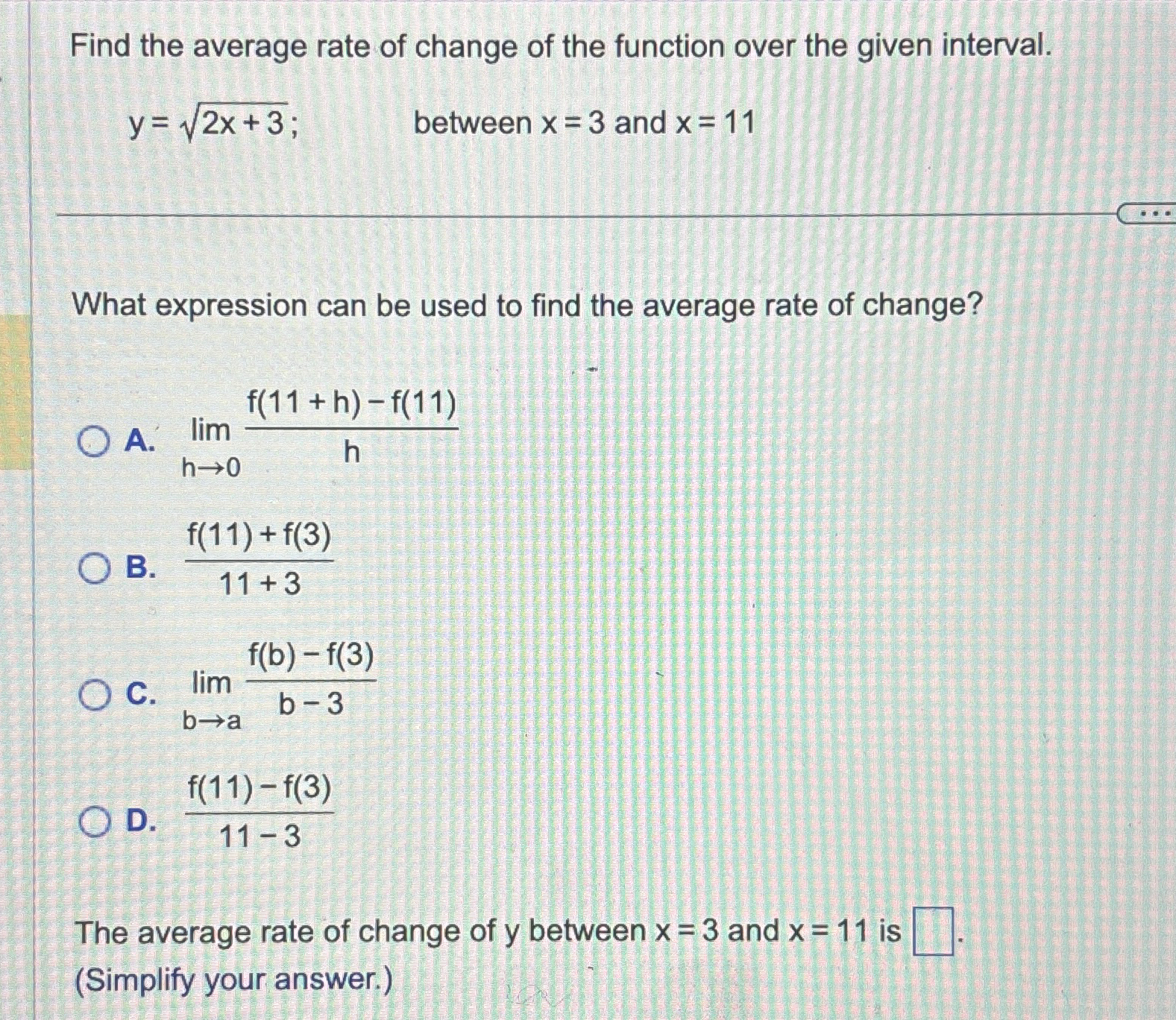Solved Find the average rate of change of the function over | Chegg.com