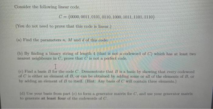 Solved Consider the following linear code. | Chegg.com