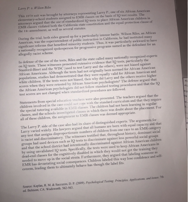 Solved Larry P. v. Wilson Riles 41 412 13 This 1979 suit was | Chegg.com