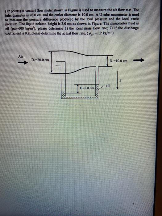 Solved (12 points) A venturi flow meter shown in Figure is | Chegg.com