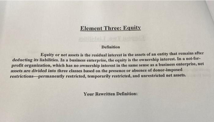 Solved Element Three: Equity Definition Equity or net assets | Chegg.com