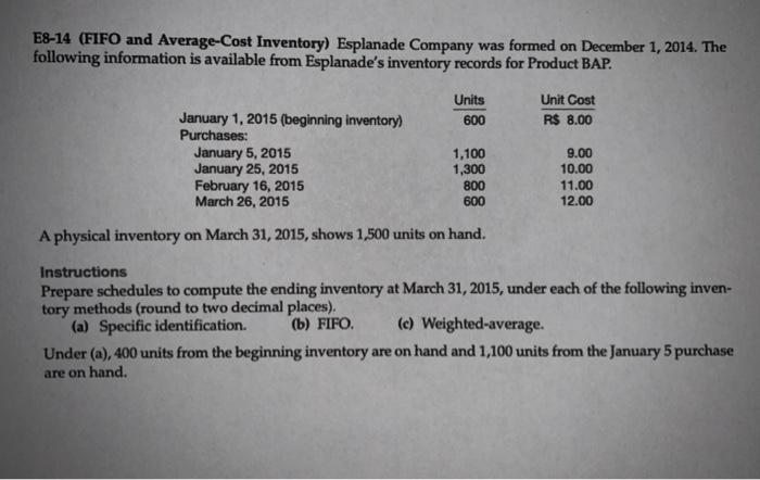 E8-14 (FIFO and Average-Cost Inventory) Esplanade Company was formed on December 1, 2014. The following information is availa