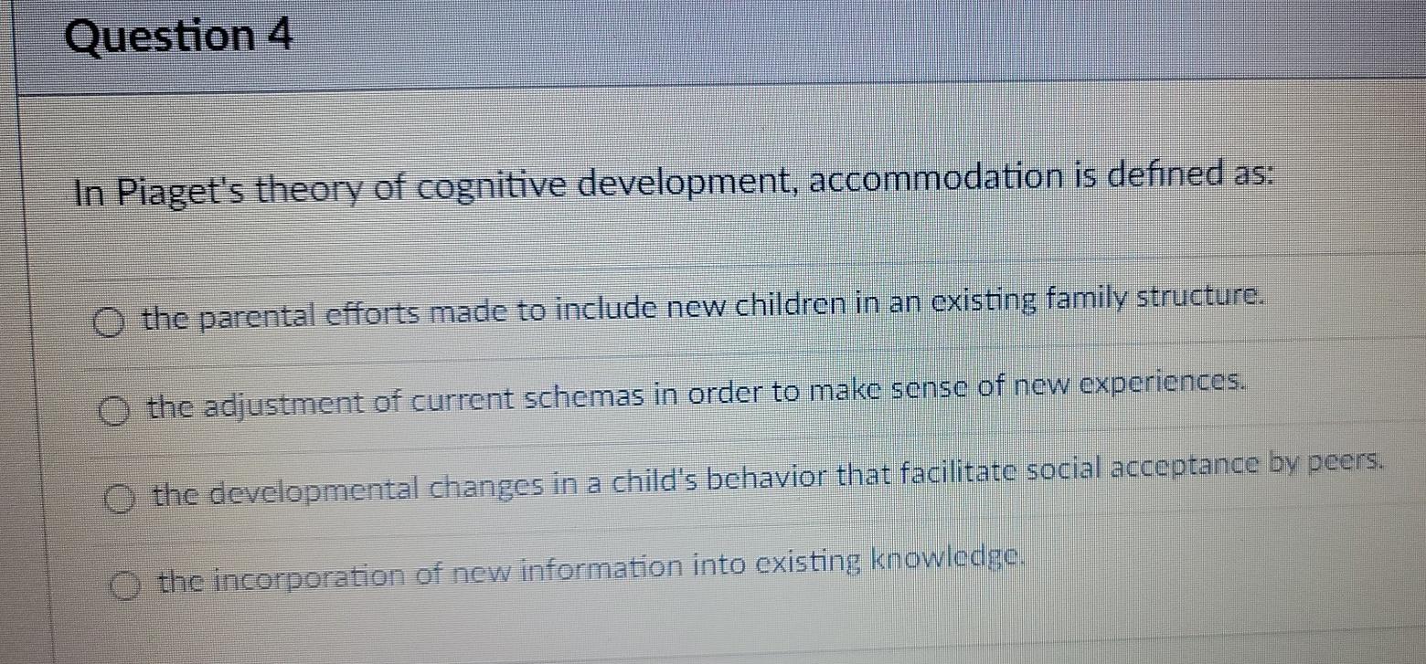 Solved Question 4 In Piaget s theory of cognitive Chegg