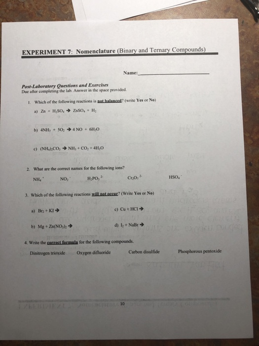 Solved EXPERIMENT 7: Nomenclature (Binary and Ternary | Chegg.com