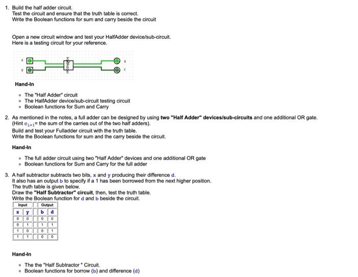 Solved 1. Build the half adder circuit. Test the circuit and | Chegg.com