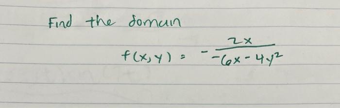 Find the domain \[ f(x, y)=-\frac{2 x}{-6 x-4 y^{2}} \]