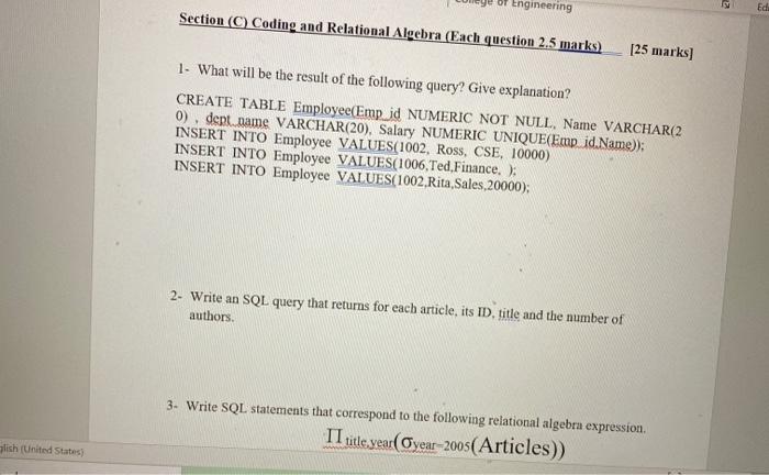 Solved Engineering Ed Section C Coding And Relational A Chegg Com