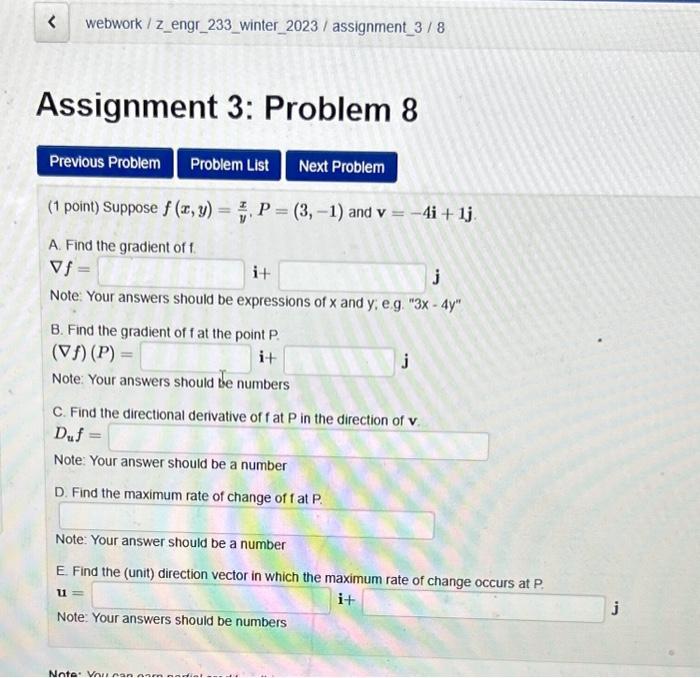 Solved 1 Point Suppose F X Y Yx P 3 −1 And V −4i 1j A