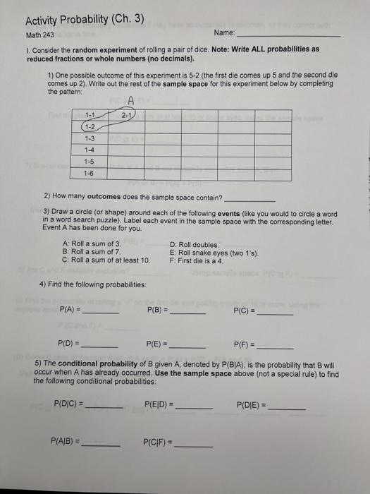 Solved Activity Probability (Ch. 3) Math 243 Name: 1. | Chegg.com