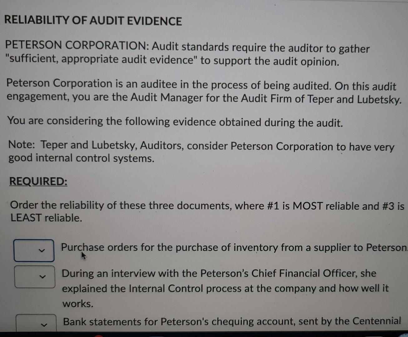 Solved RELIABILITY OF AUDIT EVIDENCE PETERSON CORPORATION: | Chegg.com