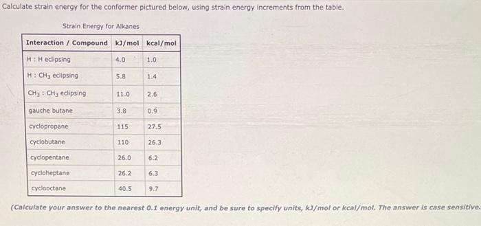 Calculate strain energy for the conformer pictured below, using strain energy increments from the table.
Strain Energy for Al