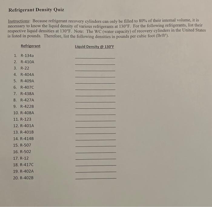 Refrigerant Density Quiz Instructions Because
