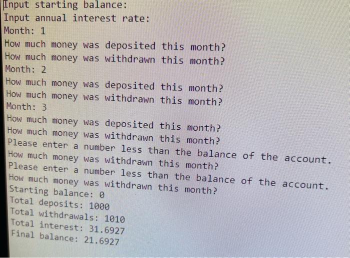 Solved 100 0.5 20 60 100 0 0 0Input starting balance: Input | Chegg.com