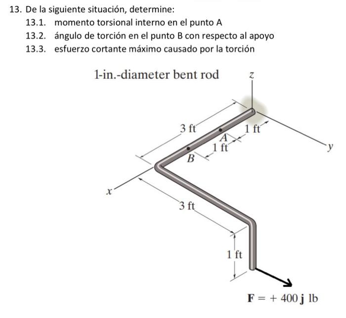 13. De la siguiente situación, determine: 13.1. momento torsional interno en el punto A 13.2. ángulo de torción en el punto B